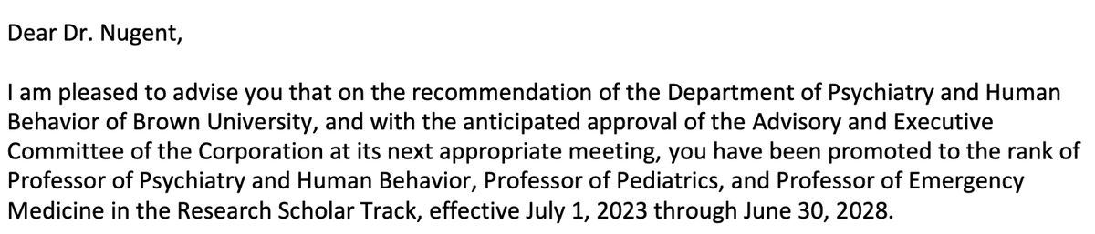 Its official! I'm so honored to have been promoted to Full Professor <a href="/BrownPsychiatry/">Brown Psychiatry and Human Behavior</a> <a href="/Brown_Emergency/">Brown Emergency Medicine</a> <a href="/BrownPediatrics/">Brown Pediatrics</a> . 

Reaching that final promotion level feels a bit like receiving my PhD. A bit surreal to think about how a part of my academic journey is now "achieved."