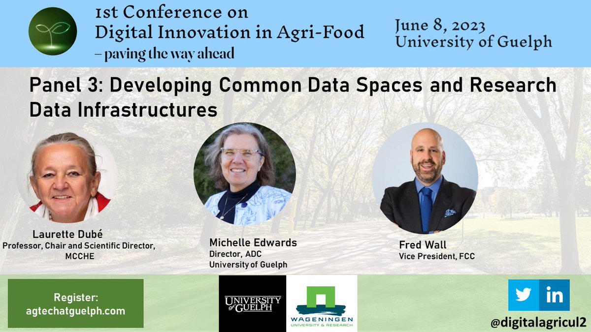 Join us for an exciting panel talk on Developing Common Data Spaces and Research Data Infrastructures.

📅 Date: June 8, 2023
📍 Location: @uofg 
🔗 Register at agtechatguelph.com/registration
@RozitaDara @sjaakwolfert @uofg @WUR 
#cdiaf #cdiaf23 #dataspaces #agrifood #innovation #data