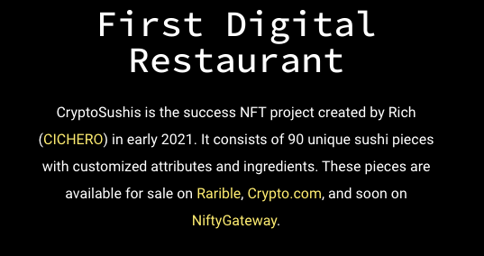 CryptoSushis's tweet photo. You too can become apart of the first digital restaurant ๐๐ฃ
See our menu here๐ https://t.co/oqns3Q69Vy
#nft #nfts #nftsales #Nftart #nftcollections #nfthistory #nftdrops #nftclassics #cryptoart #cryptosushis #cryptotwitter #nftartist https://t.co/UEgvUhWzsM