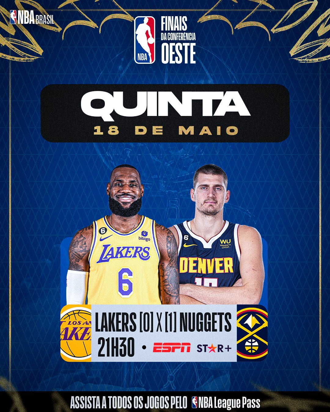 NBA Brasil on X: Quinta de #NBAPlayoffs com JOGAÇO! 🔥 Hoje (18/05), às  21h30, vai rolar um duelo QUENTE pelo Jogo 2 das finais do Oeste entre  @Lakers e @nuggets! ⚔ Pra