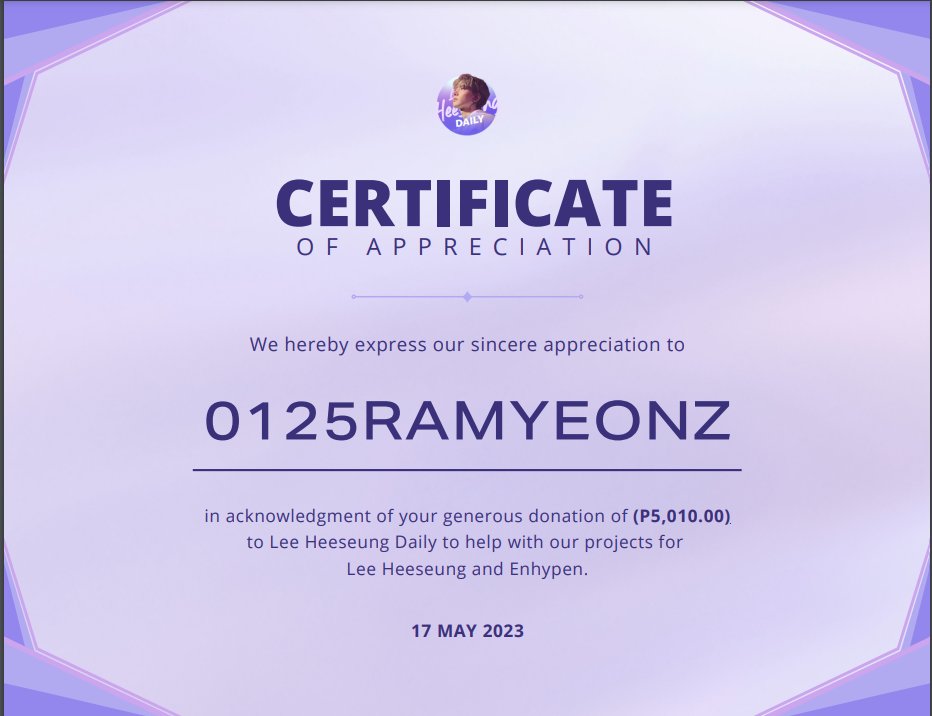 [PROOF OF DONATION]

Today, 18 May 2023, Lee Heeseung Daily received a donation worth PHP 5,010.00 from <a href="/0125RAMYEONZ/">라면즈 🍰</a>.

We are truly grateful that you have chosen LHD. Rest assured that this will be used for future projects of Heeseung. 🫶

🔗: bitly.ws/ELRy