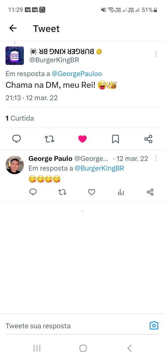GeorgePauloo's tweet photo. Olhando aqui as minhas interações no Twitter, vi que um tempo atrás o @BurgerKingBR estava com uma promoção, não lembra o que era, respondi a promoção e pediram pra eu mandar uma DM que até hoje não foi respondida. 🤡 https://t.co/NCBB4VCvd3
