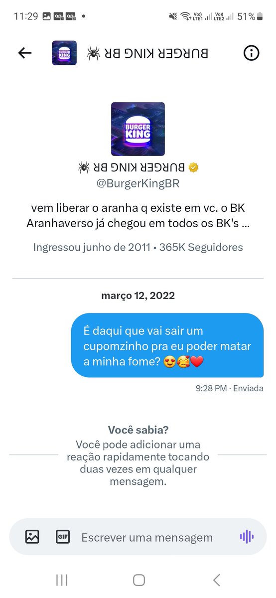 GeorgePauloo's tweet photo. Olhando aqui as minhas interações no Twitter, vi que um tempo atrás o @BurgerKingBR estava com uma promoção, não lembra o que era, respondi a promoção e pediram pra eu mandar uma DM que até hoje não foi respondida. 🤡 https://t.co/NCBB4VCvd3