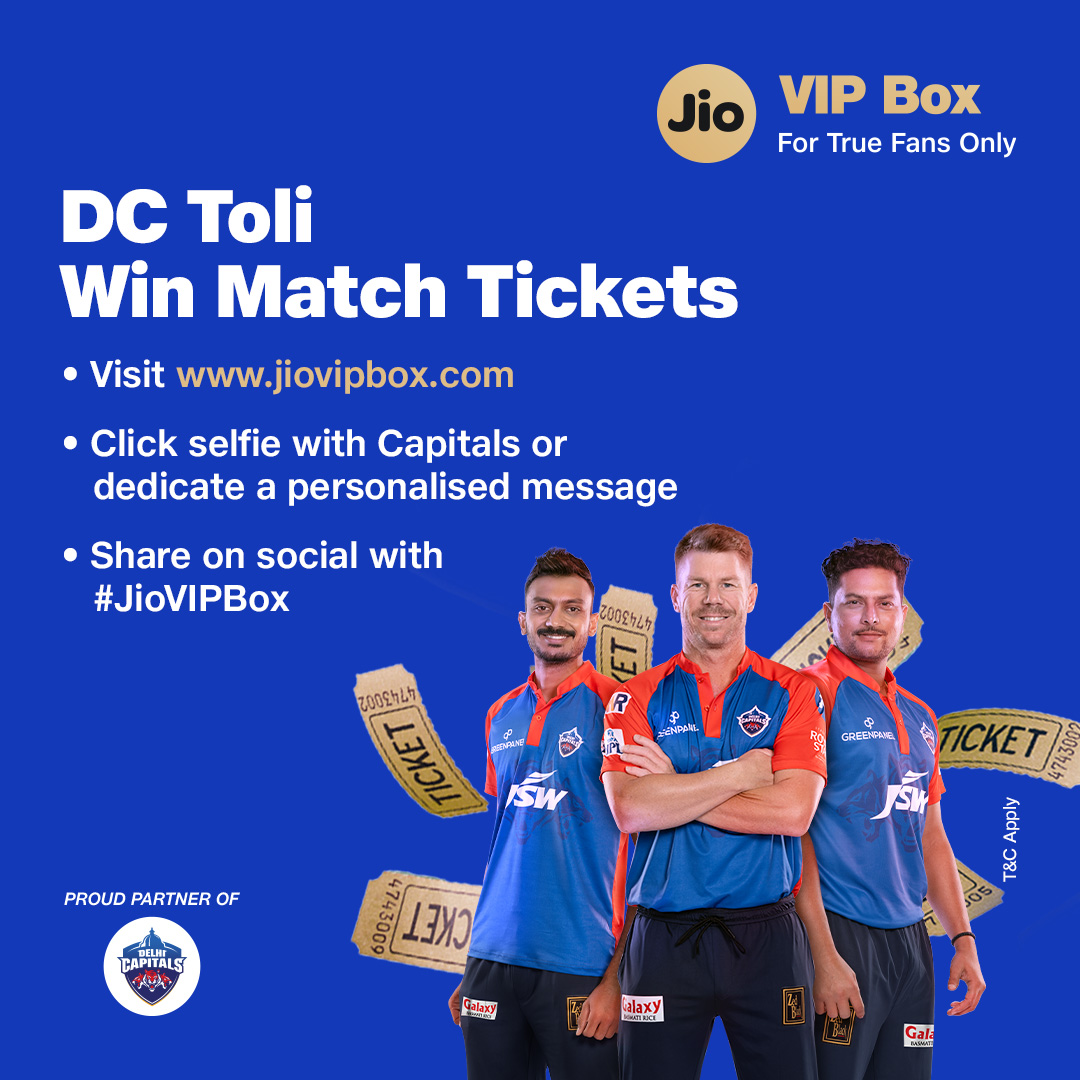 reliancejio's tweet photo. Delhi Capitals are here to fulfill all your wishes, dil se. Just log on to Jio VIP Box to win match tickets, merchandise and more. 
https://t.co/qq6DalkXHH

#JioVIPBox #DelhiCapitals #YehHaiNayiDilli

@DelhiCapitals https://t.co/Rm3A97HCBR