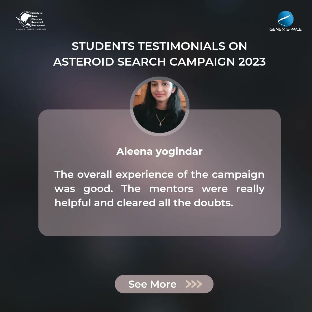 sserd_org's tweet photo. We are elated to share the positive feedback from our talented students who participated in the #AsteroidSearchCampaign

Thank you to all the budding astronomers who embarked on this #cosmicjourney with us. Your curiosity and commitment continue to inspire us to reach for stars! https://t.co/sl9PkHD6Zp