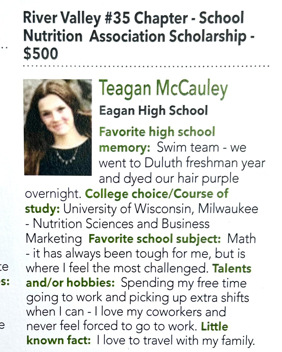 EHSSDBoosters's tweet photo. and congrats to Teagan McCauley as the recipient of the River Valley #35 Chapter - School Nutrition Association $500 Scholarship! https://t.co/WNyPgnm5OH