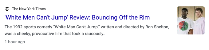 dannyhurwitz's tweet photo. a tour of movie reviewers using different variations of the same basketball metaphor to describe the remake of white men can't jump. https://t.co/SYfefs1y8g