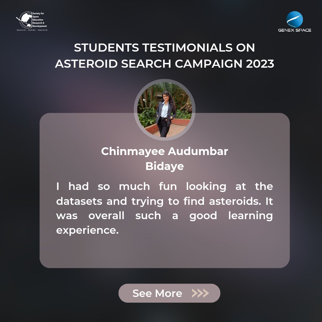 sserd_org's tweet photo. We are elated to share the positive feedback from our talented students who participated in the #AsteroidSearchCampaign

Thank you to all the budding astronomers who embarked on this #cosmicjourney with us. Your curiosity and commitment continue to inspire us to reach for stars! https://t.co/1eCC4ItcH8