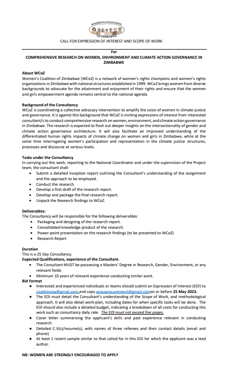 Opportunity Alert: Comprehensive research on women, environment and climate action governance in Zimbabwe