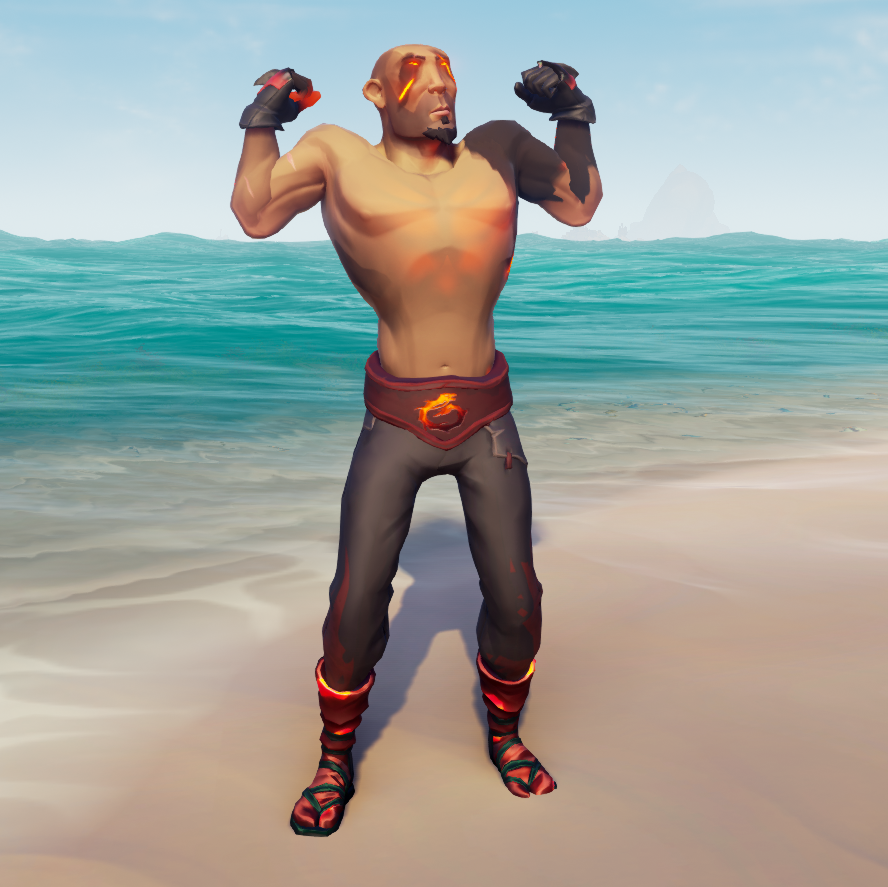 #StyleOfThieves Theme: The Elements 
Fire 🔥 
#SeaOfThieves <a href="/SeaOfThieves/">Sea of Thieves</a> 
It's hot, so no shirt. Red and black, fire and soot. That's my fire outfit with mixed clothing that match those colors.