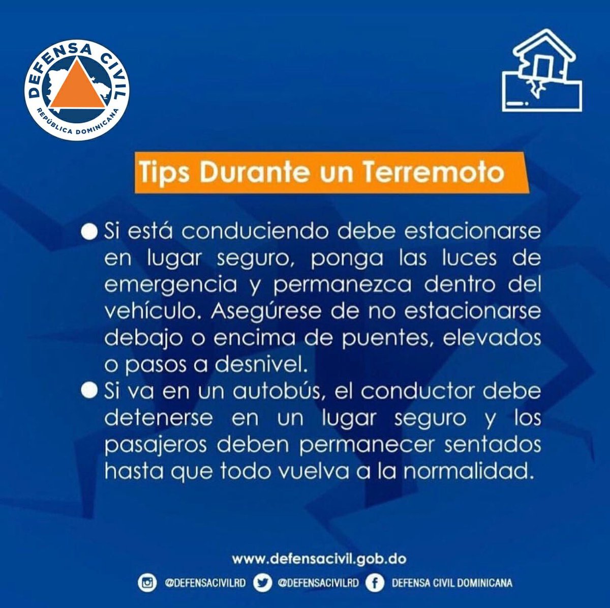 DefensaCivilRD's tweet photo. #PrevenTips | Aquí te presentamos algunas recomendaciones sobre cómo actuar en caso de un #terremoto.
¡Desliza, aprende y comparte!
#DefensaCivilRD #Prevención #GestióndelRiesgo #Sismo #Temblor https://t.co/5mgpOdazdA