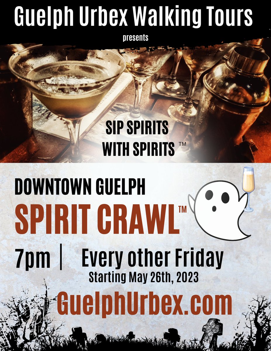 We are pleased to announce that we are launching Canada's 1st and only Spirit Crawl right here in #Guelph! You've heard of a #pubcrawl but on this adventure you will hear #haunted tales while sipping #spirits with spirits, in Guelph's most haunted bars and #distilleries!