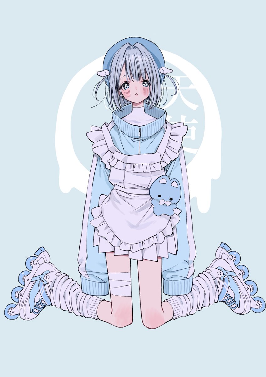 1girl apron solo hat sleeves past wrists sleeves past fingers blue background  illustration images