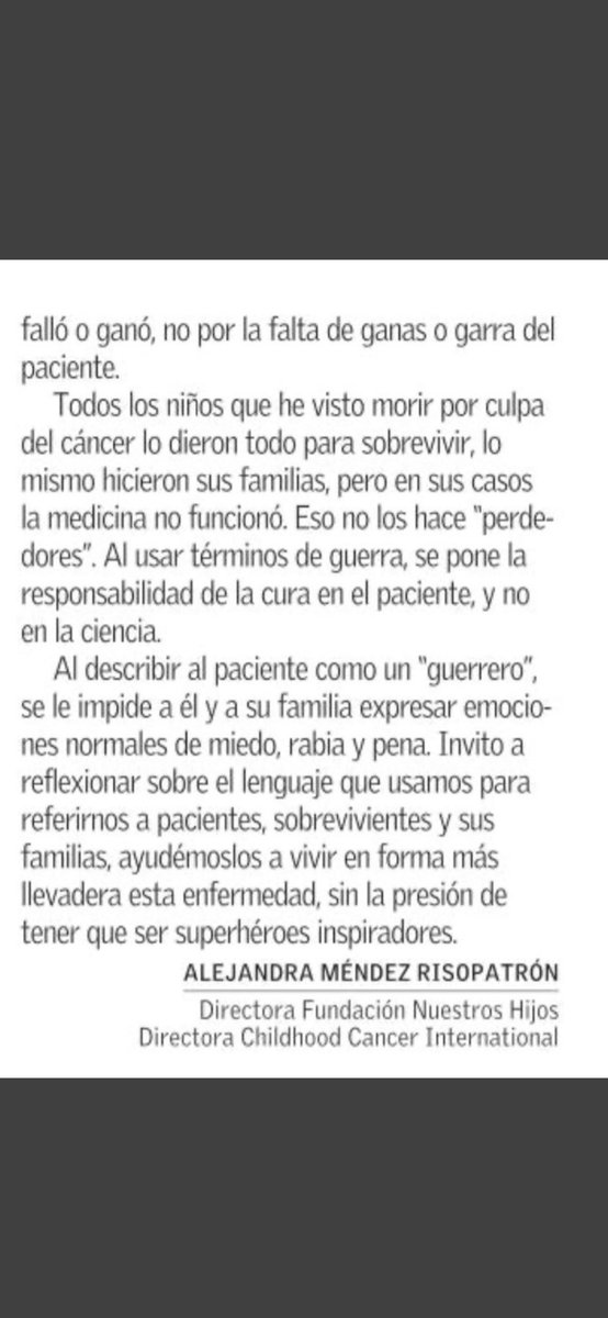 alemendezriso's tweet image. El cáncer no es una guerra. Comparto mi carta en @ElMercurio_cl hoy.
 Si el paciente muere o sobrevive, es la ciencia q falla o gana, no influyen las ganas o garra del paciente. 
Al usar términos de guerra, se pone la responsabilidad en el paciente, y no en la ciencia. 
#BRAVA