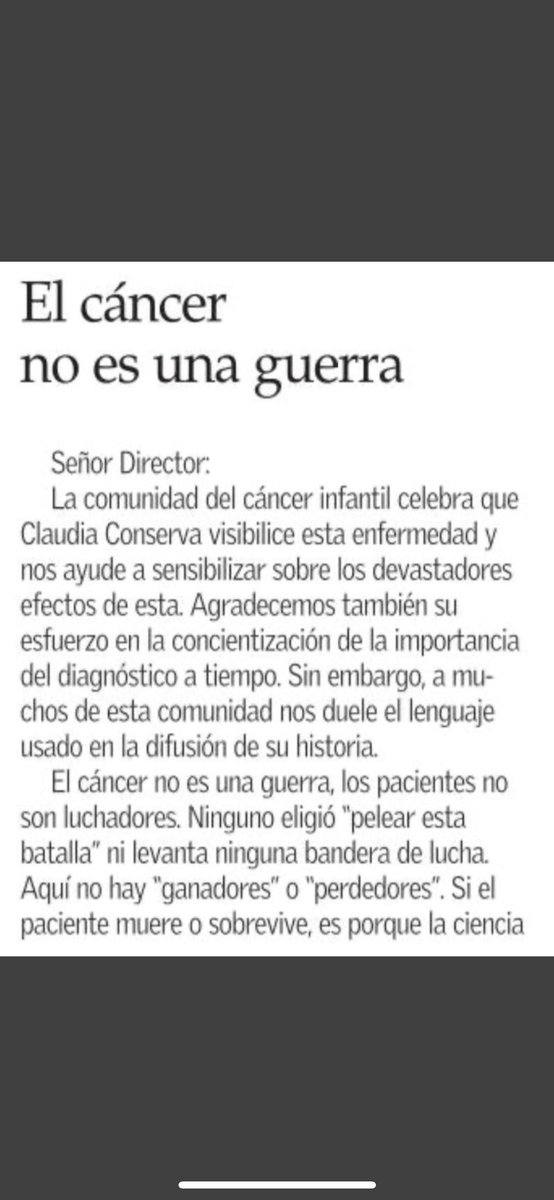 alemendezriso's tweet image. El cáncer no es una guerra. Comparto mi carta en @ElMercurio_cl hoy.
 Si el paciente muere o sobrevive, es la ciencia q falla o gana, no influyen las ganas o garra del paciente. 
Al usar términos de guerra, se pone la responsabilidad en el paciente, y no en la ciencia. 
#BRAVA