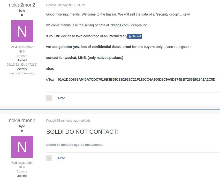 Looks like the data stolen from <a href="/DragosInc/">Dragos, Inc.</a> was sold