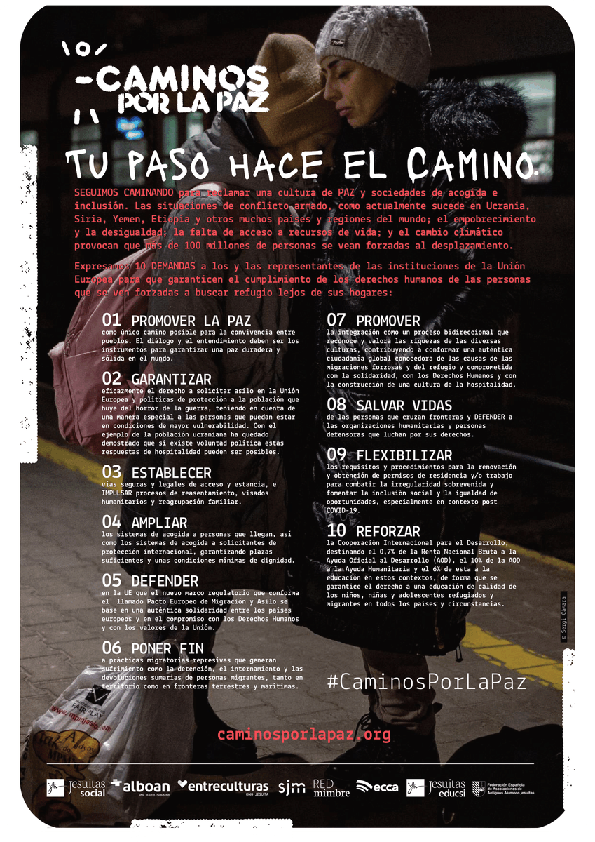 📄 Desde la iniciativa #CaminosporlaPaz lanzamos 10 propuestas a los representantes políticos de la UE para garantizar que se cumplen los DDHH de las personas que se ven forzadas a migrar en busca de un futuro digno.

Más información en caminosporlapaz.org