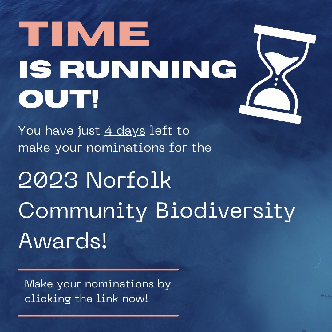Dont wait! If you are planning on making a nomination for the 2023 Community Biodiversity Awards, you have just 4 days left to do so. Click here to make yours now: norfolkbiodiversity.org/community-2/co… #NorfolkCBA2023 #Norfolk #norfolkwildlife
#wildlife #conservation