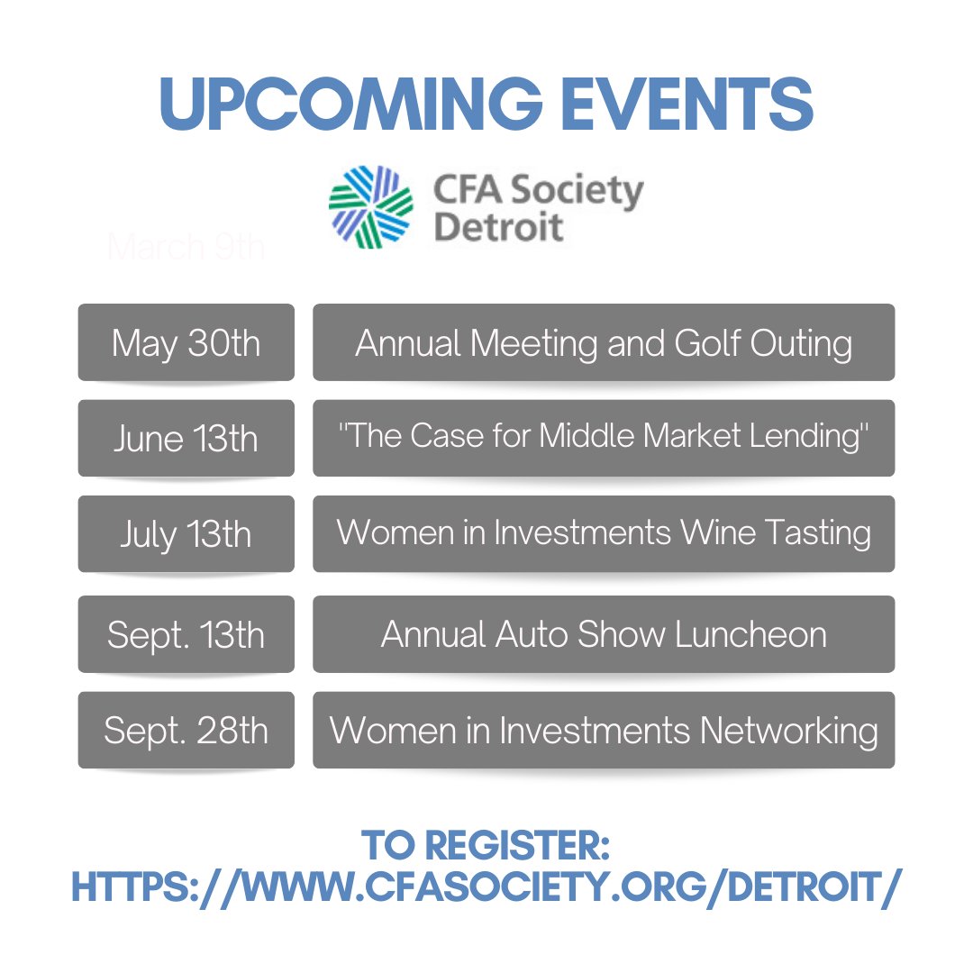 cfadetroit's tweet photo. We're ready for a busy summer season of networking, learning and spending quality time with our fellow CFA Society Detroit members. 👏
To register for an upcoming event, visit: https://t.co/SuMbEstv0s https://t.co/sywTxqeBHD