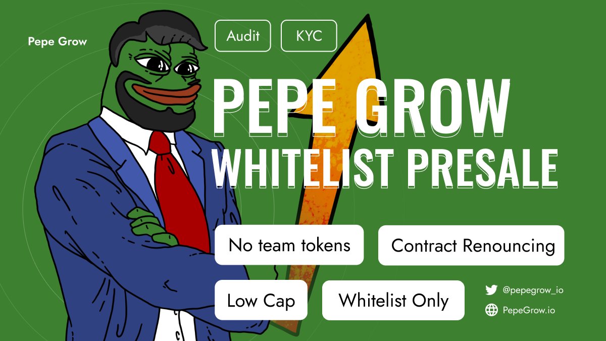 pepegrow_io's tweet photo. 👇900$(50*18) RT + TAG 3Friends + Like (25.05)

We've created the most GROW'ing MEME Token ever - PEPE GROW. 📈

💴Low cap, No private sale, no team tokens, buy with whitelist only

🥳Get WL there: https://t.co/Ph1IsPE7ql

🤙IDO Link: https://t.co/Ms3w44ff4j https://t.co/Rf1qEVFJBC