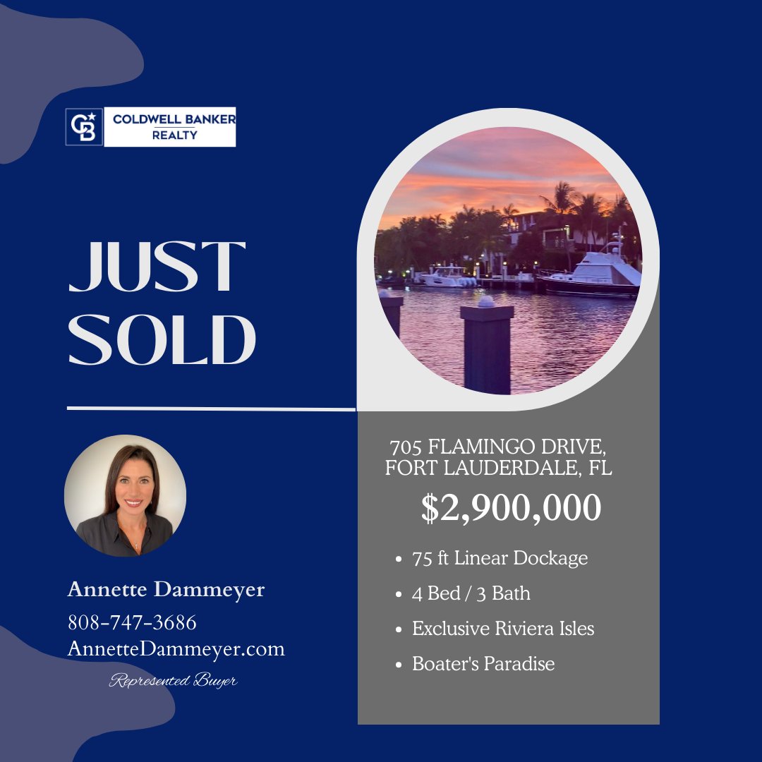 Looking for your waterfront SE Florida dream home? I can help you, too!

Call me today to get started on your SE Florida purchase or sale!

#JustSold #LasOlas #waterfront #fortlauderdale #fortlauderdalerealtor #annettedammeyer #coldwellbankerrealty #luxuryhome #veniceofamerica