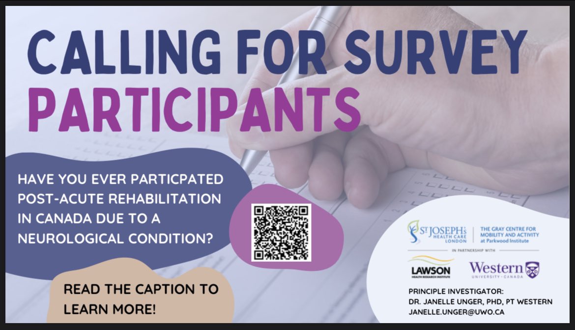 ! Attention those with neurological conditions who have done or are doing rehabilitation in Canada! Please complete this survey of time spent in post-acute rehabilitation: redcap.lawsonresearch.ca/surveys/?s=H9N… Your participation is appreciated!