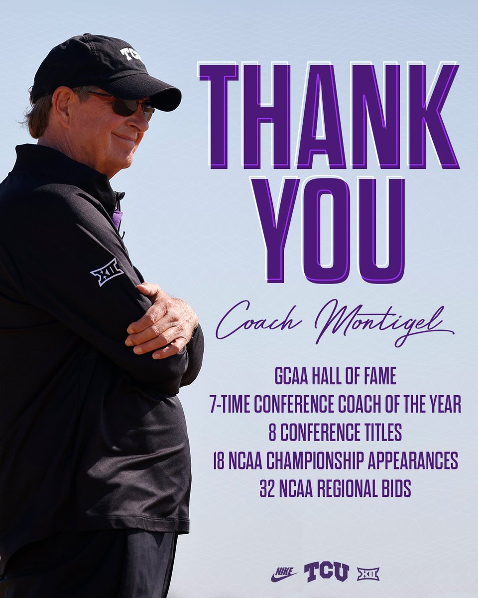 TCU_Athletics's tweet photo. Coach Bill Montigel - Thank you for your 45 years of service to TCU Athletics, the past 36 as head men’s golf coach. 

You have made an incredible impact on the TCU community and the lives of our student-athletes. You will always be a huge part of the Frog Family. 

#GoFrogs 🐸💜 https://t.co/e4wP17m1AV