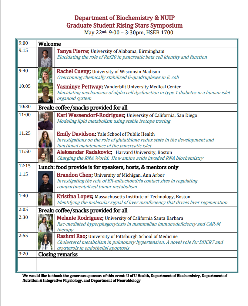 We're looking forward to Monday, May 22nd, when we'll be hosting a symposium featuring 10 talented Graduate Student Rising Stars from across the country starting at 9am in HSEB 1700! Co-hosted by <a href="/uofunuip/">U of U NUIP</a>.