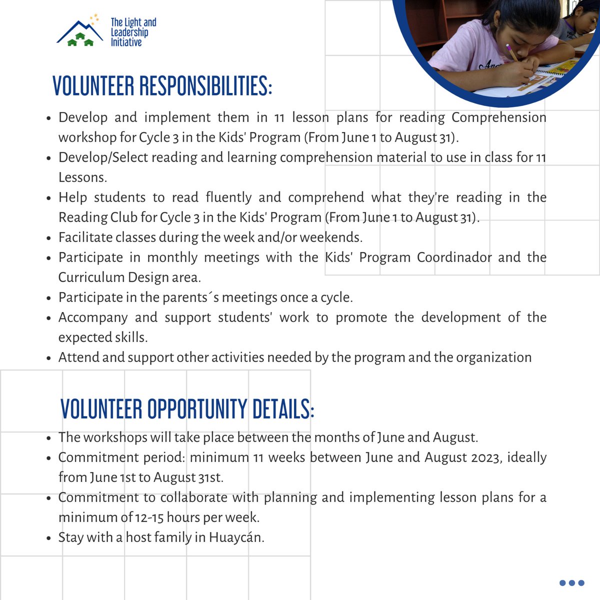 lliperu's tweet photo. 🙌 It's your opportunity to be a volunteer! 🤝
📢 Open Position: 1 international volunteer for "Reading Comprehension Teacher" and "Reading Club Lead" roles.
📝 How to Apply: Send your CV and motivation letter to volunteer@lightandleadership.org. 
#volunteeropportunity #education https://t.co/QTexnkallz