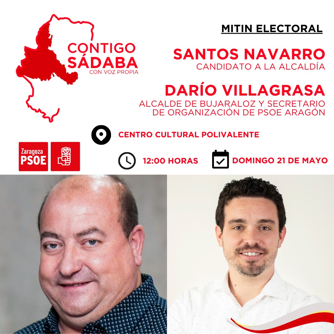 Mitin electoral del PSOE Sádaba. 
👉Domingo, 21 de mayo, a las 12.00 horas, en el Centro Cultural Polivalente de #Sádaba. Con la presencia de Darío Villagrasa secretario de organización del PSOE Aragón y alcalde de Bujaraloz.   #psoesadaba 
#socialistassadaba
