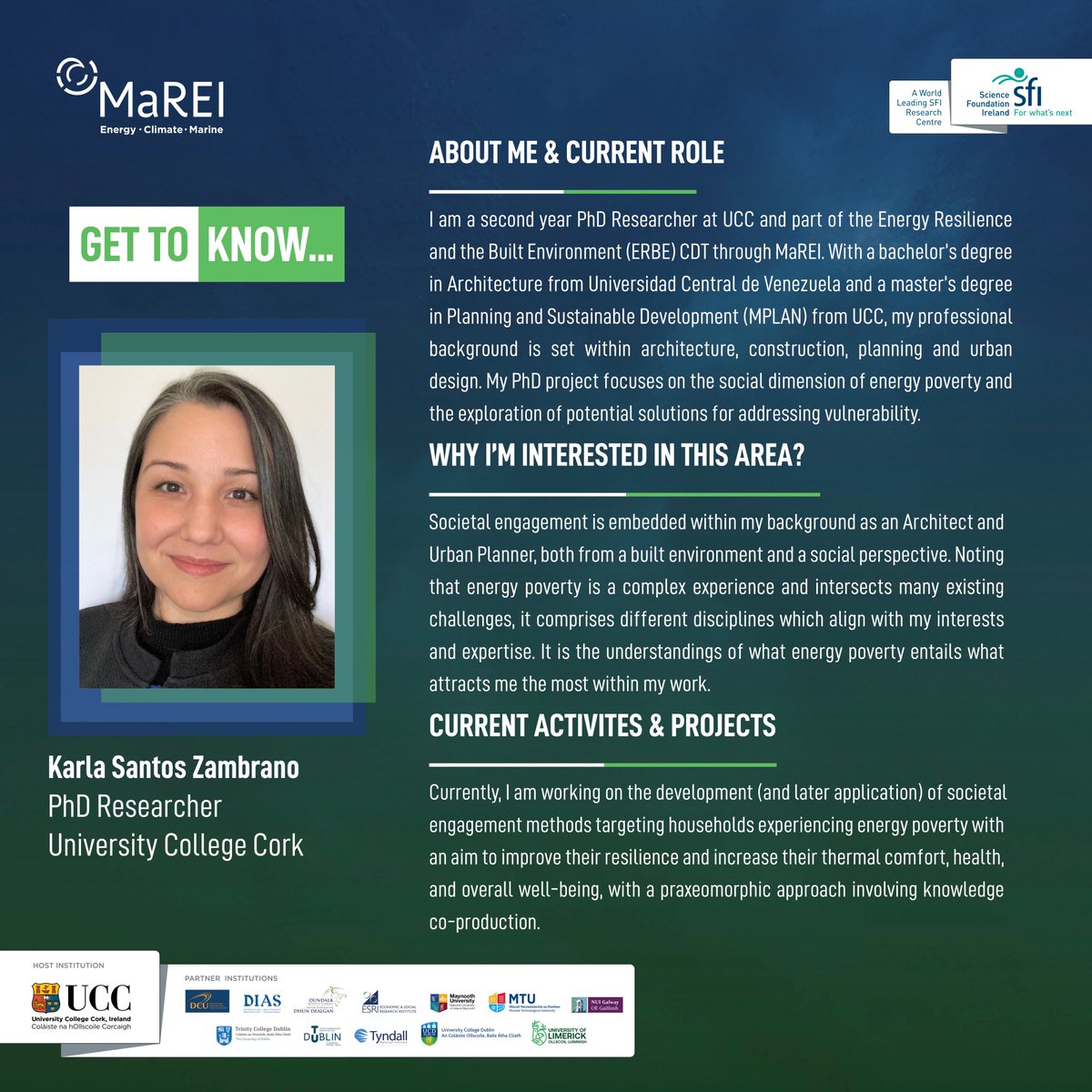 This week's #ResearcherThursdays #GetToKnow is...Karla Santos Zambrano

Karla is a 2nd year PhD researcher at <a href="/UCC/">UCC Ireland</a> &amp; <a href="/erbecdt/">ERBECDT</a>. Her PhD project focuses on the social dimension of energy poverty and exploring potential solutions for addressing vulnerability.