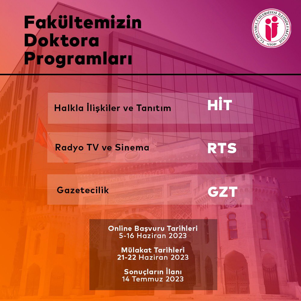 "Halkla İlişkiler ve Tanıtım", "Gazetecilik" ve "Radyo TV ve Sinema" bölümlerimizin doktora programları zengin akademik kadrosuyla 2023-2024 Eğitim Öğretim Yılı’nda yeni öğrencilerini bekliyor.

Program Bilgileri İçin 👇🏻
iletisim.istanbul.edu.tr/tr/haber/ileti…