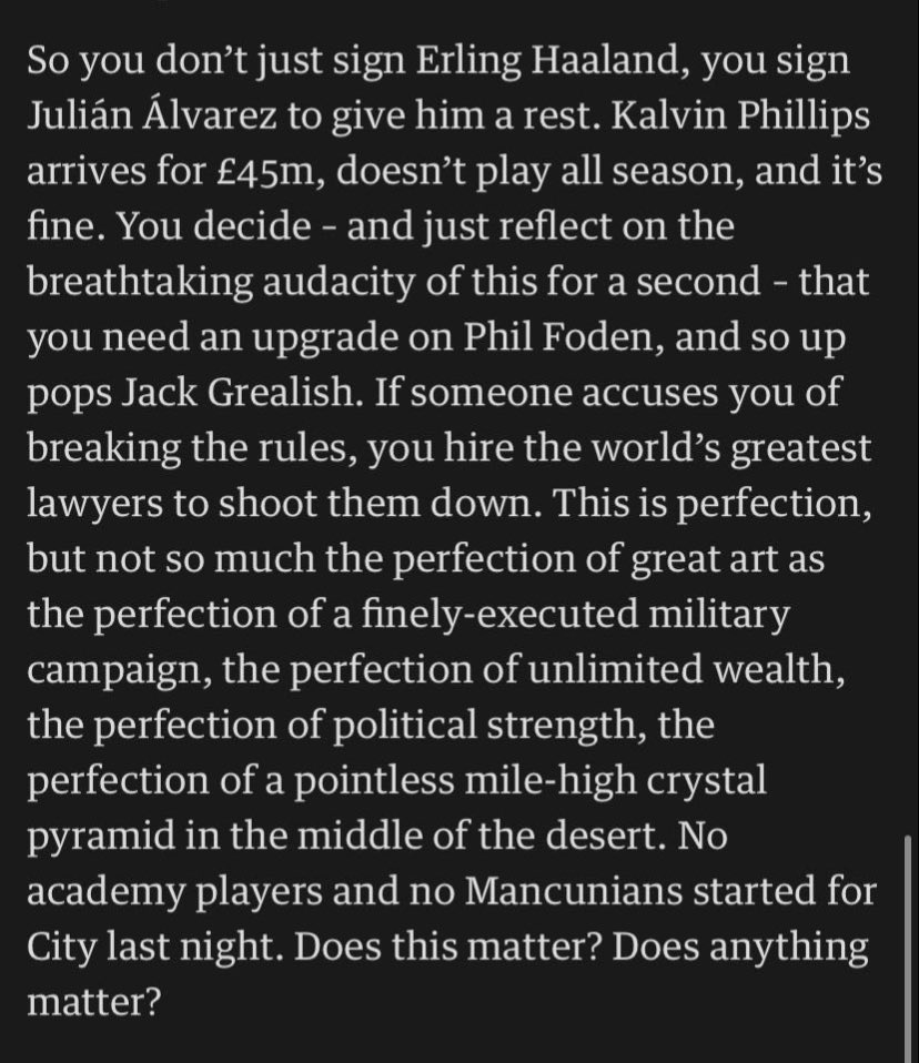 This is brilliant by <a href="/jonathanliew/">Jonathan Liew</a> 

City are doped up to the eyeballs and to ignore this fact is utter lunacy. It’s sports washing in full flow. 

You just can’t take anything they achieve seriously.