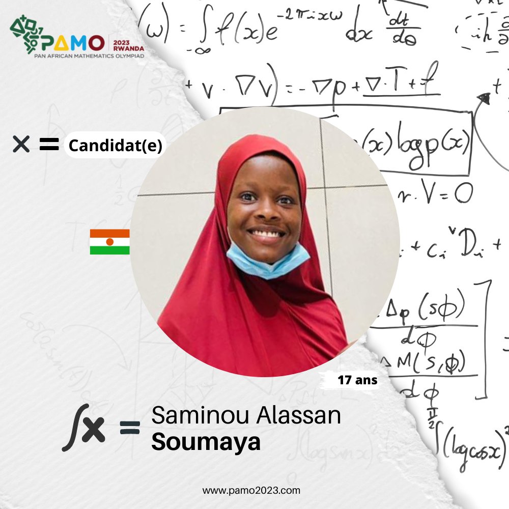 PamoNiger's tweet photo. 🌟💡🧮📚🌍🏆🇳🇪

Saminou Alassan Soumaya, représentante du Niger 🇳🇪 aux Olympiades Panafricaines de Mathématiques au Rwanda 🌍 du 13 au 22 Mai 2023 .

Sa passion pour les chiffres et les énigmes lui permet de briller ✨
#PAMO2023 #FiertéNigérienne #TalentMathématique #Niger #STEM https://t.co/stEKU5mttz