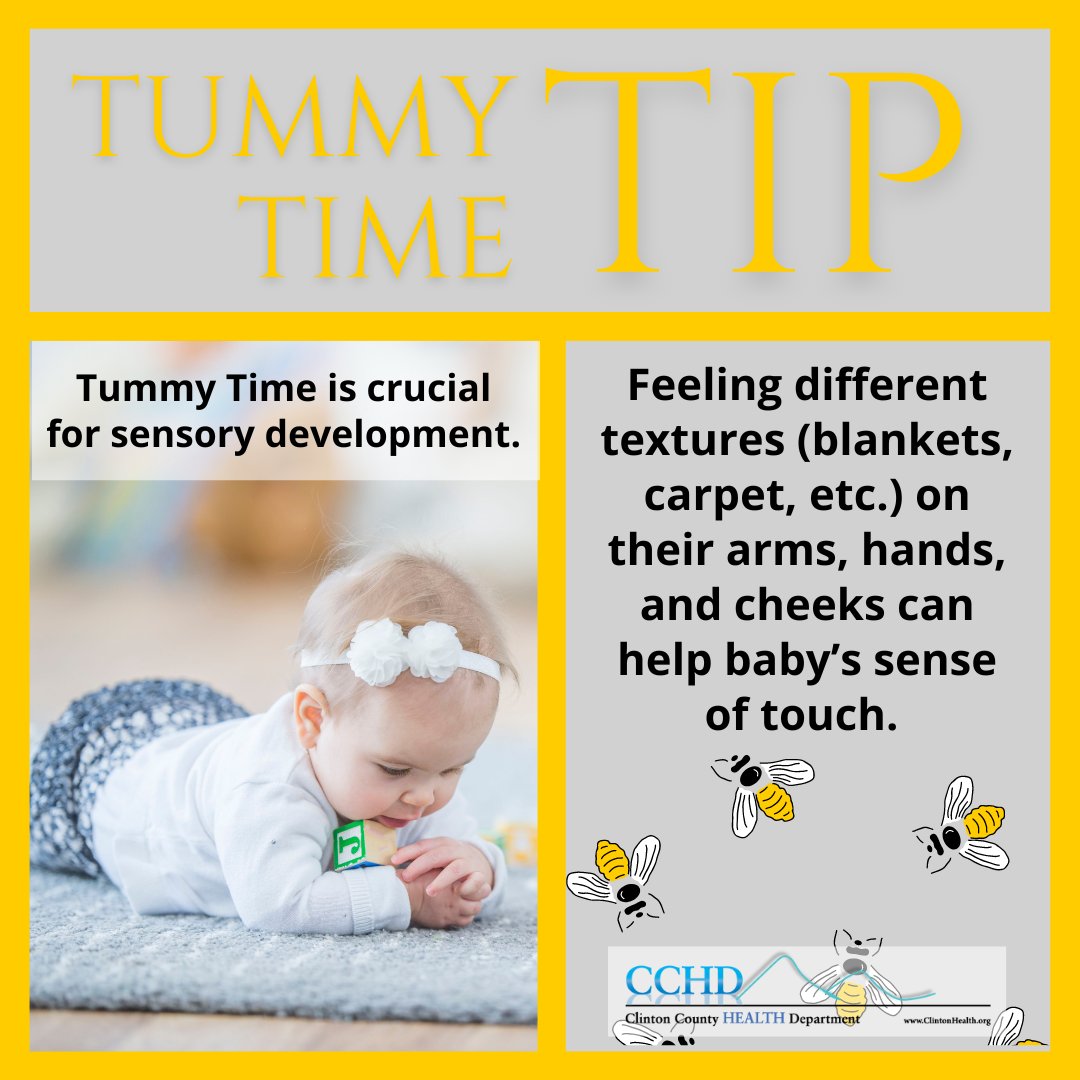 Spending time on the floor with your #Child is crucial to helping them meet their #DevelopmentalMilestones. CCHD is committed to helping you help your child grow and develop, by offering you some quick and easy monthly #TummyTimeTips. Visit clintonhealth.org/tummytime to learn more.