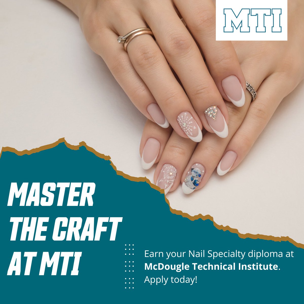 Master the craft and develop techniques to manicure, pedicure and apply artificial nails with a Nail Specialty diploma at MTI.

We are still accepting applications to start in 2023. Payments start as low as $99 per week.

To get started, visit our website: mti.edu/nail-specialty/