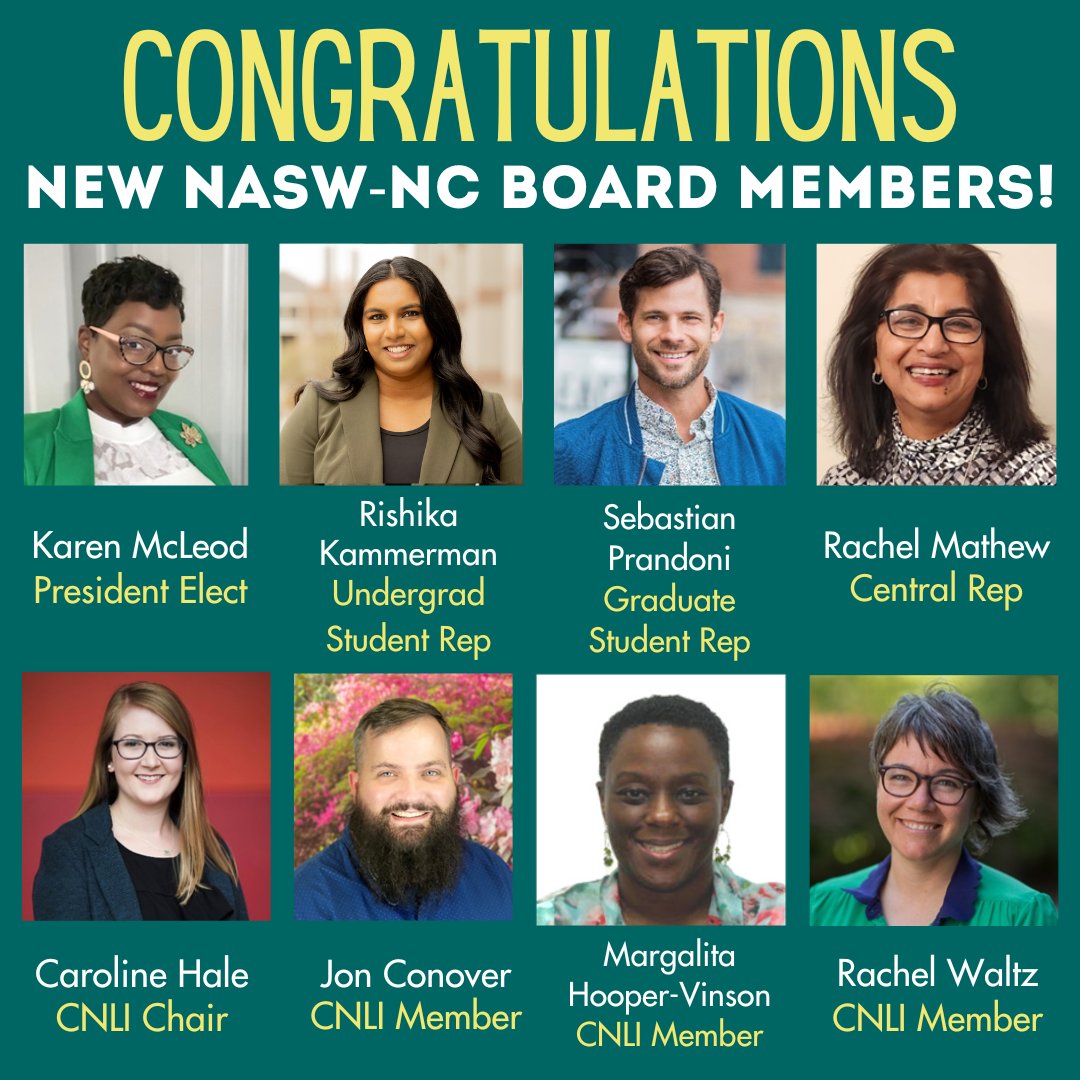 NASW-NC congratulates the winners of the 2023 NASW-NC Board Election!

NASW-NC thanks all the candidates, as well as the members who voted in this year's election. The new Board of Directors term starts on July 1, 2023. More about the NASW-NC Board here: naswnc.org/page/126