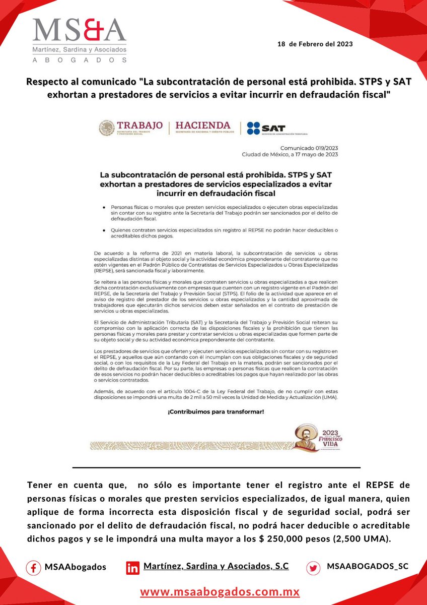 MSAABOGADOS_SC's tweet photo. Importante comunicado del #SAT, sobre servicios especializados por incumplimiento existen varias sanciones RT

#MartinezSardina #MSA #DerechoFiscal #SAT #DerechoTributario #SeguridadSocial #Outsourcing #Subcontratacion
#Serviciosespecializados #Abogados #Mexico https://t.co/PO0aCh4tuN