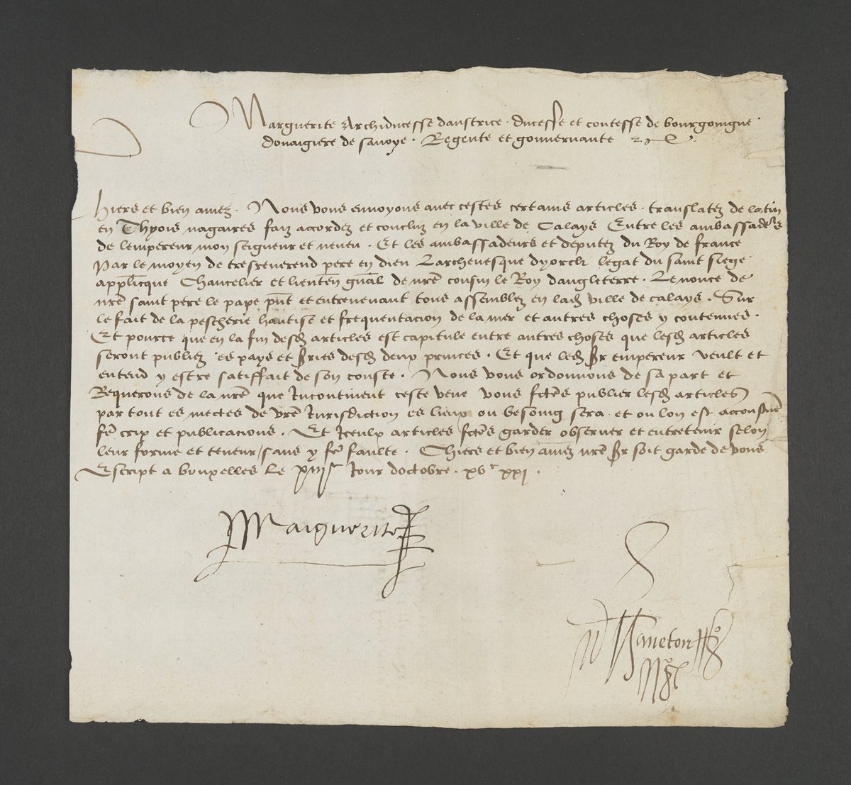 Newly digitised for our Medieval and Renaissance Women project

An original letter of Margaret of Austria, Governor of the Low Countries, sending to the Council of Flanders a treaty concluded between Charles V and Francis I, and bearing her signature

bl.uk/manuscripts/Fu…