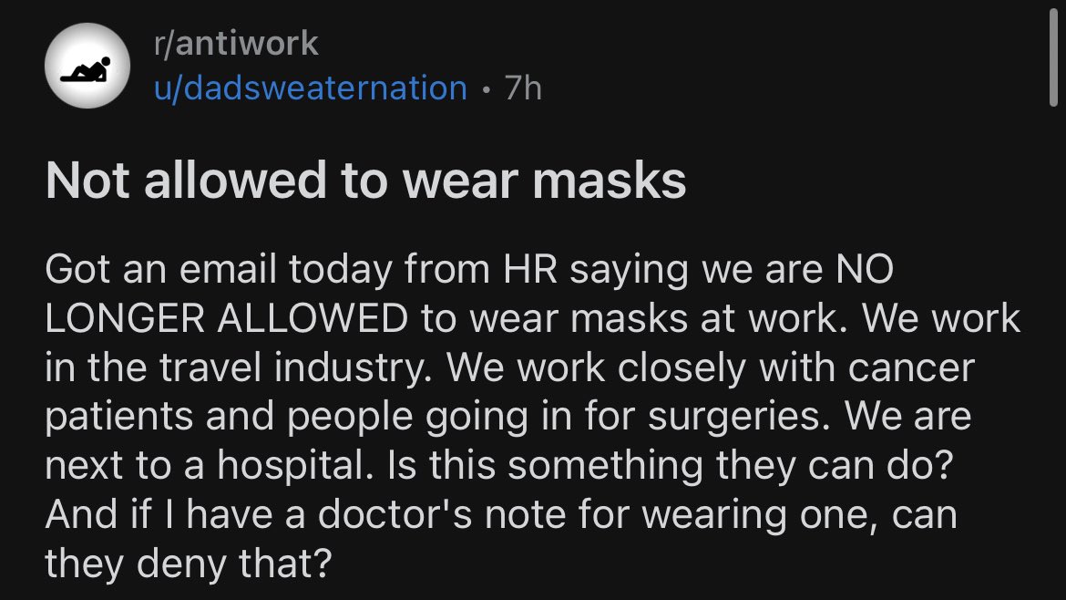 We’re at a point where people are willing to sacrifice cancer patients to preserve the ~vibes~ of folks who get irrationally upset at the sight of a mask. 

This is a failed society that can’t even conceptualize its own brutality.