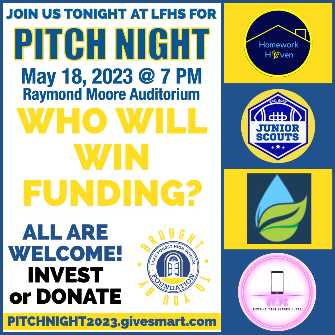 Tonight is the night! Come out to LFHS tonight to hear the four final team business pitches! Congratulations to all the teams and thanks to all of our pitch night partners!