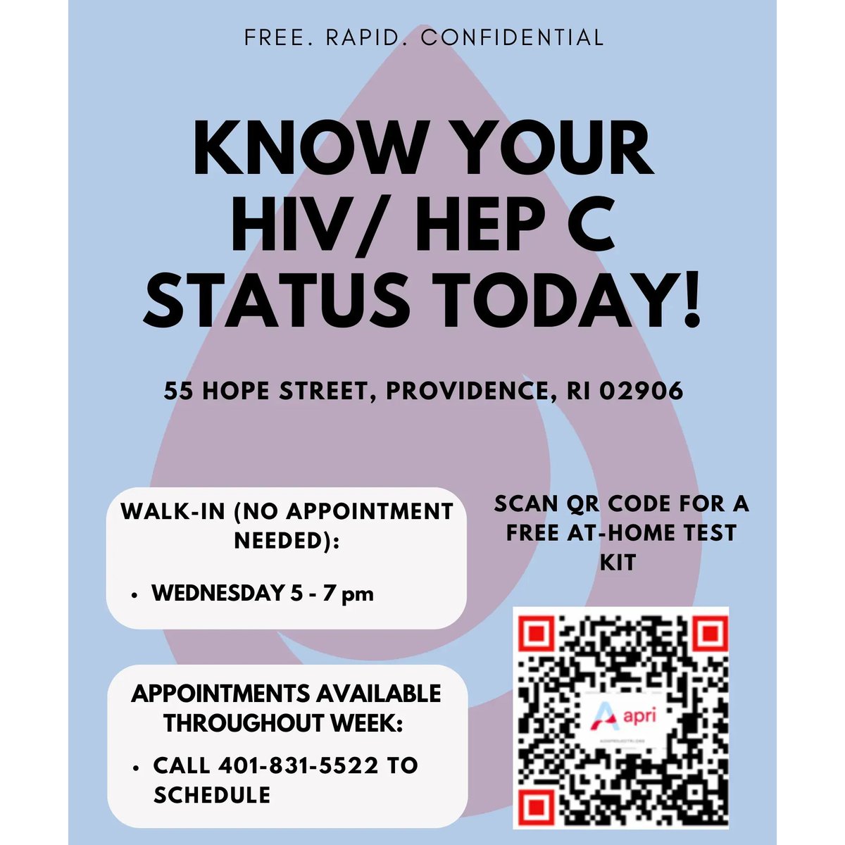 Know your status. APRI continues to offer free walk-in testing every Wednesday from 5-7pm. Visit our website for more information. #HIVTesting #GetTested #APRI #RhodeIsland #PVD #ProvidenceRI #AIDS #stigma #std #stdtesting #safesex #Rhody #OceanState