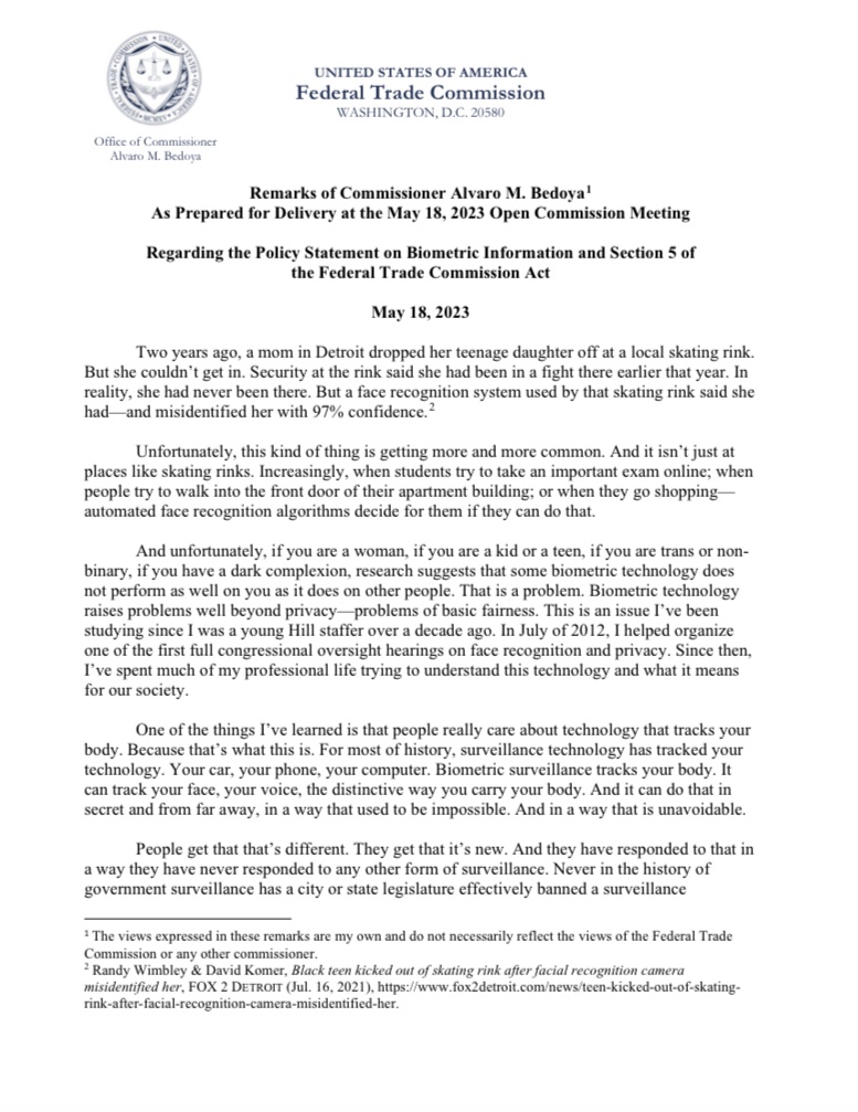 My statement on <a href="/FTC/">FTC</a>’s policy statement on biometrics: