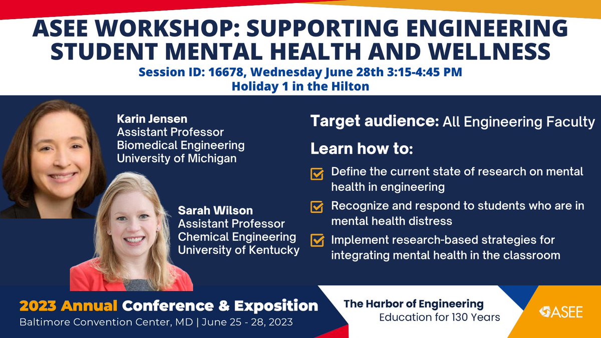 📣 Exciting news for the @ASEE_DC National Conference! Join me and @jensenkarinj for a workshop on Wednesday, June 28th, from 3:15-4:45 PM. 🗓️✨ 🌟 Topic: Supporting Engineering Student Mental Health and Wellness 🧠💚