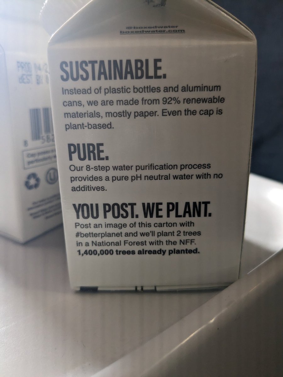 The latest in water packaging. Boxed water is made from 92% renewable materials unlike plastic and alumnium. 
@boxedwater will plant 2 trees for this post 🌳🌳
#betterplanet @alaskaairlines_