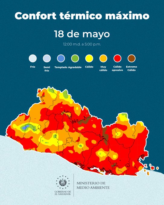 PulsoCiudadanos's tweet photo. #ClimaSV | Ministerio de @MedioAmbienteSV brinda el pronóstico de confort térmico máximo esperado en nuestro país para la tarde de este jueves 18 de mayo. https://t.co/PzyKprhzcf