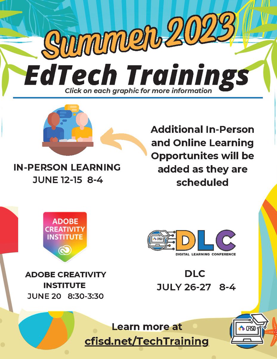📣 Calling CFISD educators! 🌞Gear up for the future with <a href="/CyFairEdTech/">CyFair ISD EdTech</a> summer training classes! 💻🎓Sign up today at learn-with-cfisd-edtech.glide.page and be ready to inspire your students in the digital age. ⏰Limited spots available, so secure yours now! #EdTech #ProfessionalDevelopment