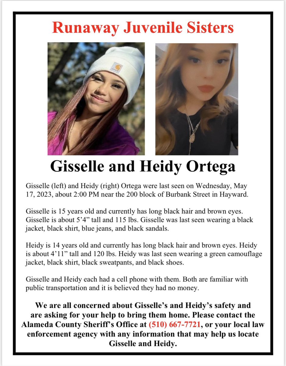 ACSOSheriffs's tweet photo. The Alameda County Sheriff’s Office (ACSO) is asking for assistance in locating these juvenile sisters last seen yesterday, May 17, 2023. 

If you have any information on their whereabouts, please contact us immediately at 510-667-7721 or call your local law enforcement agency. https://t.co/8Pq7zRdSSz