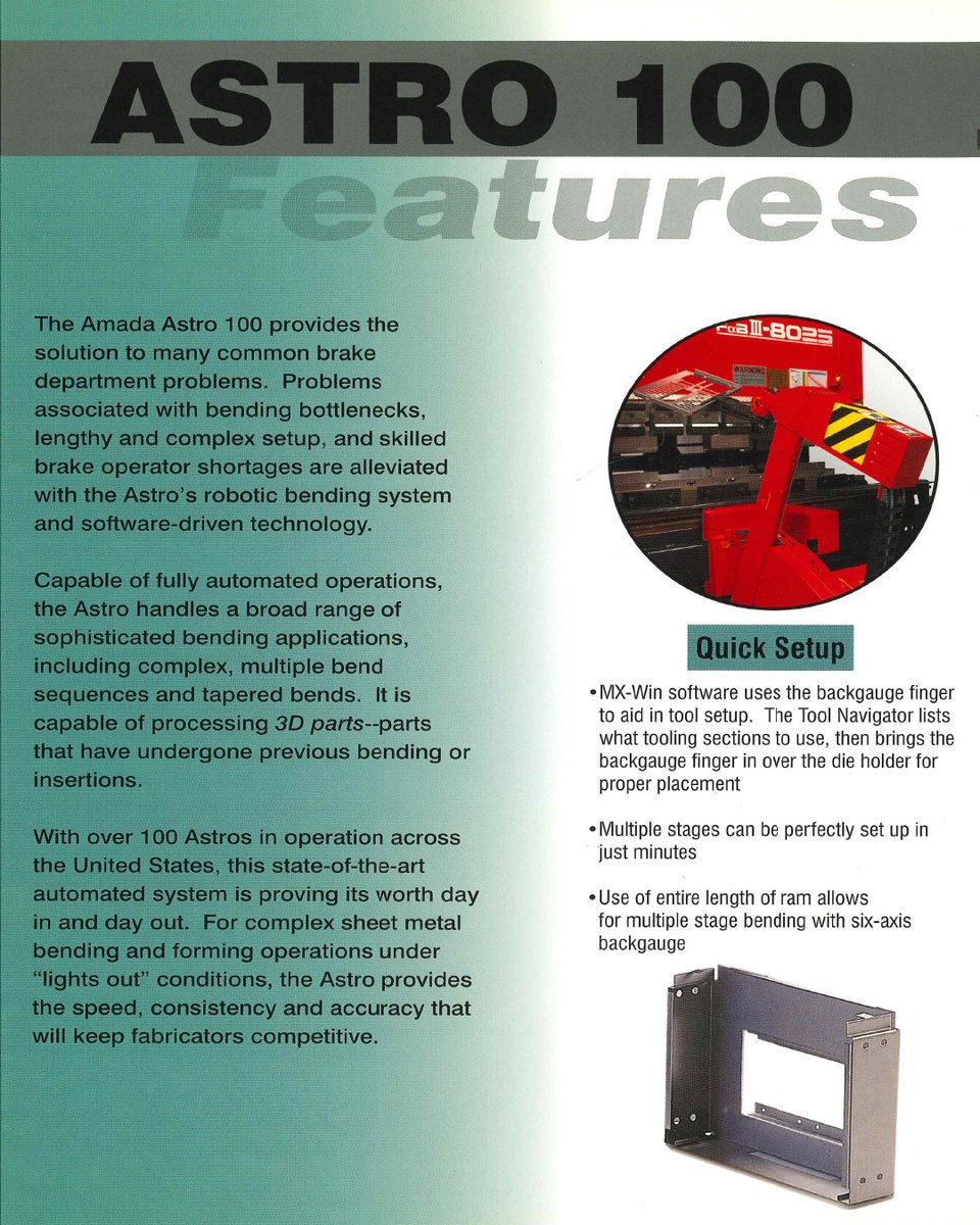AmadaAmericaInc's tweet image. Let&apos;s look back to when AMADA first introduced the ASTRO 100 #roboticbendingsystem. This automated bending solution was designed to meet the need for precise, high-speed unmanned bending operations. 

#AMADAAMERICA #AMADAhistory #throwbackthursday #tbthursday #tbt #bending