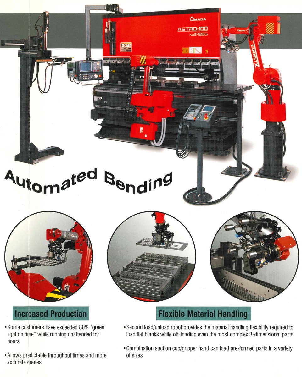 AmadaAmericaInc's tweet image. Let&apos;s look back to when AMADA first introduced the ASTRO 100 #roboticbendingsystem. This automated bending solution was designed to meet the need for precise, high-speed unmanned bending operations. 

#AMADAAMERICA #AMADAhistory #throwbackthursday #tbthursday #tbt #bending
